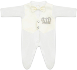 Комплект на выписку Luxury Baby Принц комбинезон с молочной жилеткой, бабочкой и стразами айвори 56