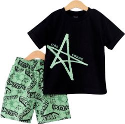 Детский комплект, чёрная футболка, зелёные шорты с надписью, р. 92, КД406/4-Ф