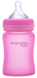 Стеклянная бутылочка с индикатором температуры и защитным силиконовым покрытием Everyday Baby розовый 150 мл